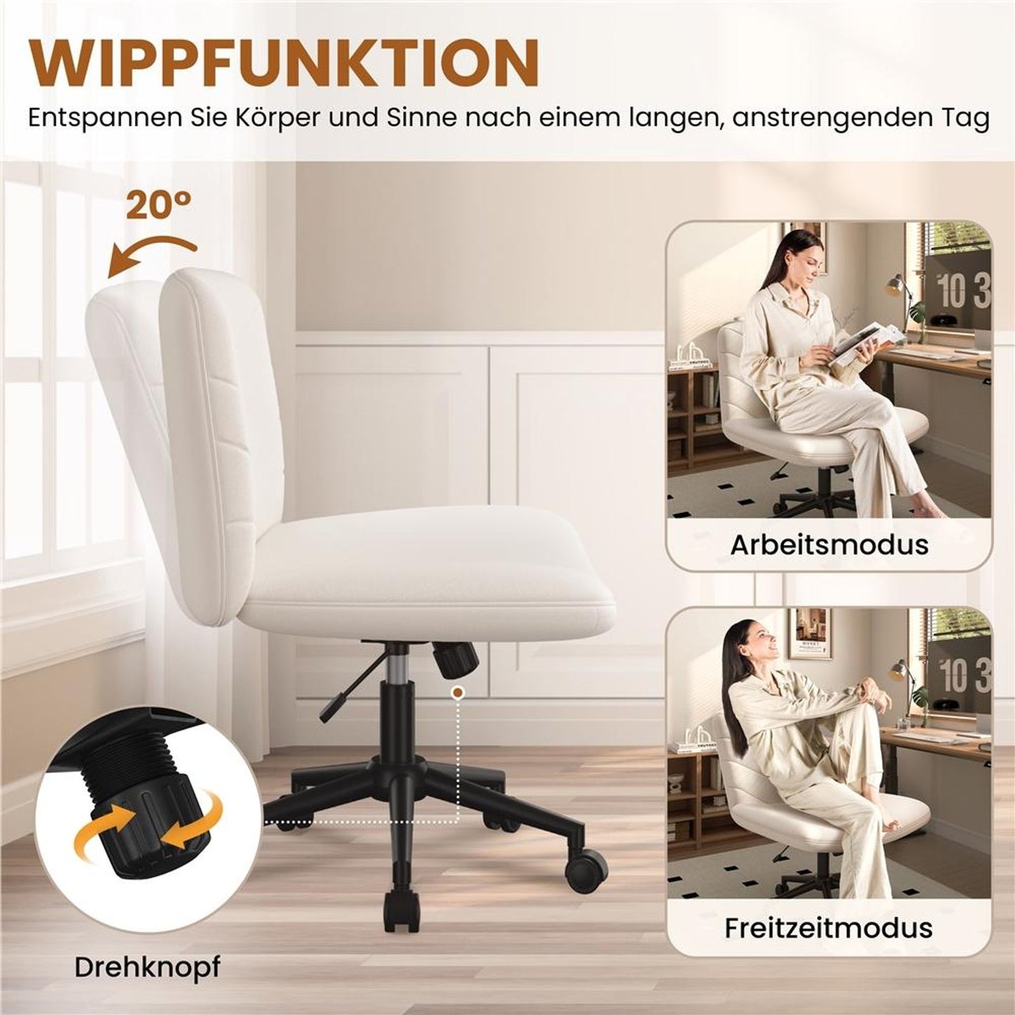 Yaheetech Bureaustoel Brede Zitting - Ergonomische Draaistoel met Rugleuning - In Hoogte Verstelbaar - 66x64,5x82-91,5 cm - Beige