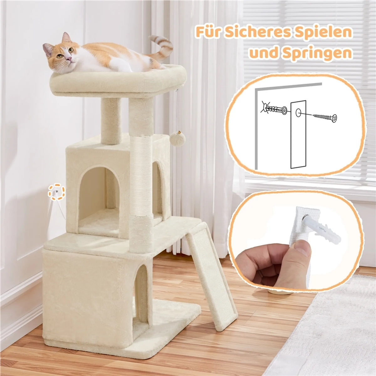 Yaheetech Krabpaal Met 2 Kattenhuisjes – Voorzien Van Sisal Krabpaal En Krabplank En Uitkijkplatform – Voor Kleine En Middelgrote Katten – Beige Pluche En Spaanplaat – 60 x 45 x 106 cm