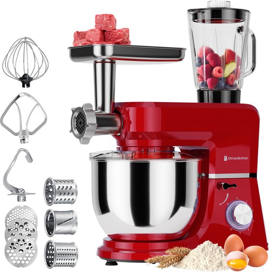 KitchenBrothers Keukenmachine - 6-in-1 Keukenrobot - 1500W - Met Gehaktmolen, Blender en 15 Accessoires - 6,2L RVS Kom - Rood