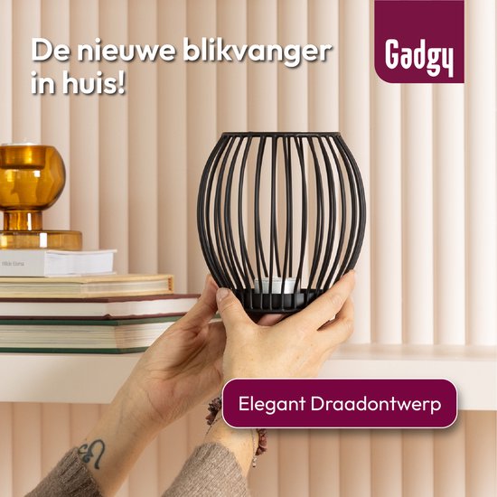 Gadgy Waxinelichthouder Rond - Theelichthouder Klein - Decoratie Woonkamer - Sfeerverlichting Binnen - Kaarsenhouders voor Waxinelichten 14.5x15 cm - Windlicht Metaal - Zwart - Cadeau voor Vrouw