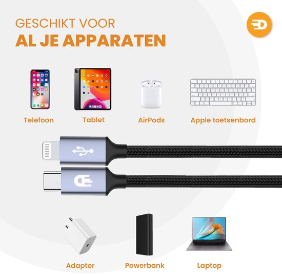 Drivv. USB C Oplaadkabel geschikt voor iPhone & Apple - USB C naar 8 Pin Kabel - Snellader - Oplader kabel - Nylon - Grijs - 3 meter