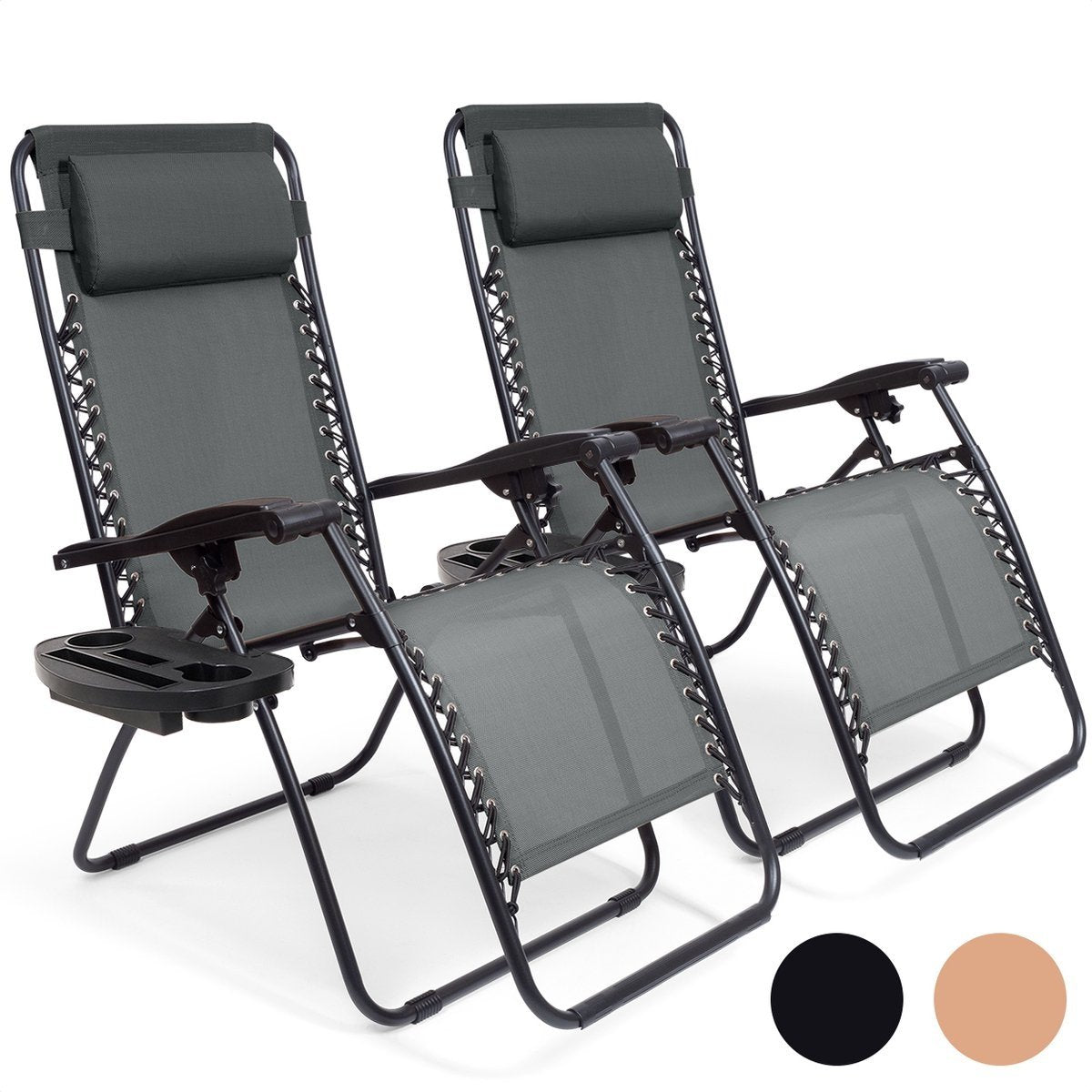 LifeGoods® Opvouwbare Relaxstoelen – Set van 2 – 30°-90° Verstelbaar – Metaal - Met Beker- en Telefoonhouder – Donkergrijs