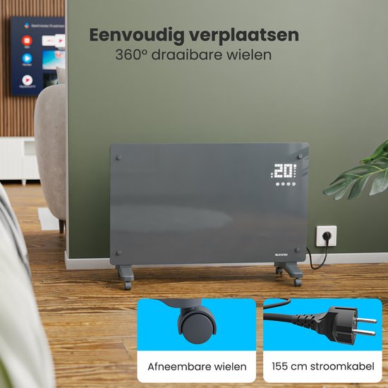 Auronic Elektrische Kachel – Convectorkachel met Thermostaat en Afstandsbediening - Glazen Paneelverwarming - 2000W Heater - Grijs