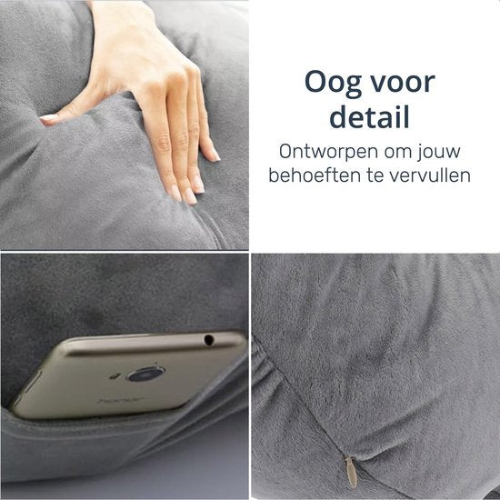 Leeskussen - Voor in bed - Met 3 opbergvakken - Rugkussen bank - zitkussen - Lende - Rug kussen onderrug - Lees - Kussens - Knuffel - Steun - Boeken - book - Seat - Grijs