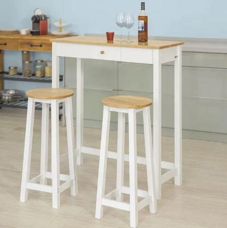 SoBuy Bartafel met 2 Barkrukken - Max. 90 kg per kruk - 95 x 40 x 107 cm - Wit/ Naturel
