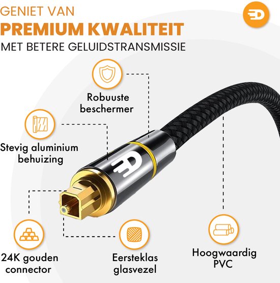 Drivv. Premium Toslink Optische Kabel Nylon - Optische Audiokabel - Optical Audio Kabel - Soundbar - Male to Male - 5 meter - Zwart