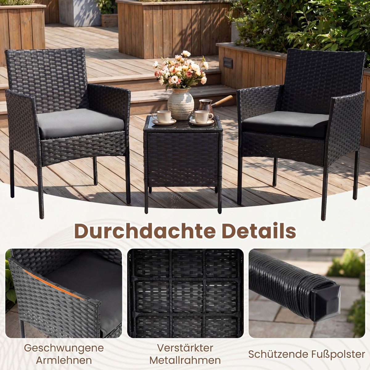 Coast 3-delige tuinset - 2 stoelen en tuintafel - handgevlochten rattan - zwart