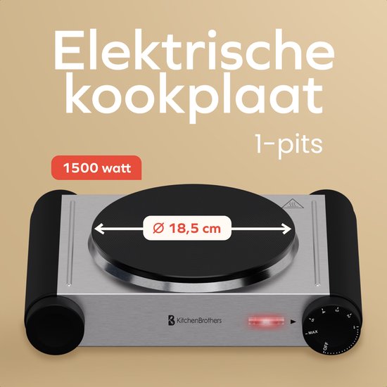 KitchenBrothers Elektrische Kookplaat - 1 Pits - Vrijstaand - 7 temperatuurstanden - 1500W - RVS/Zwart
