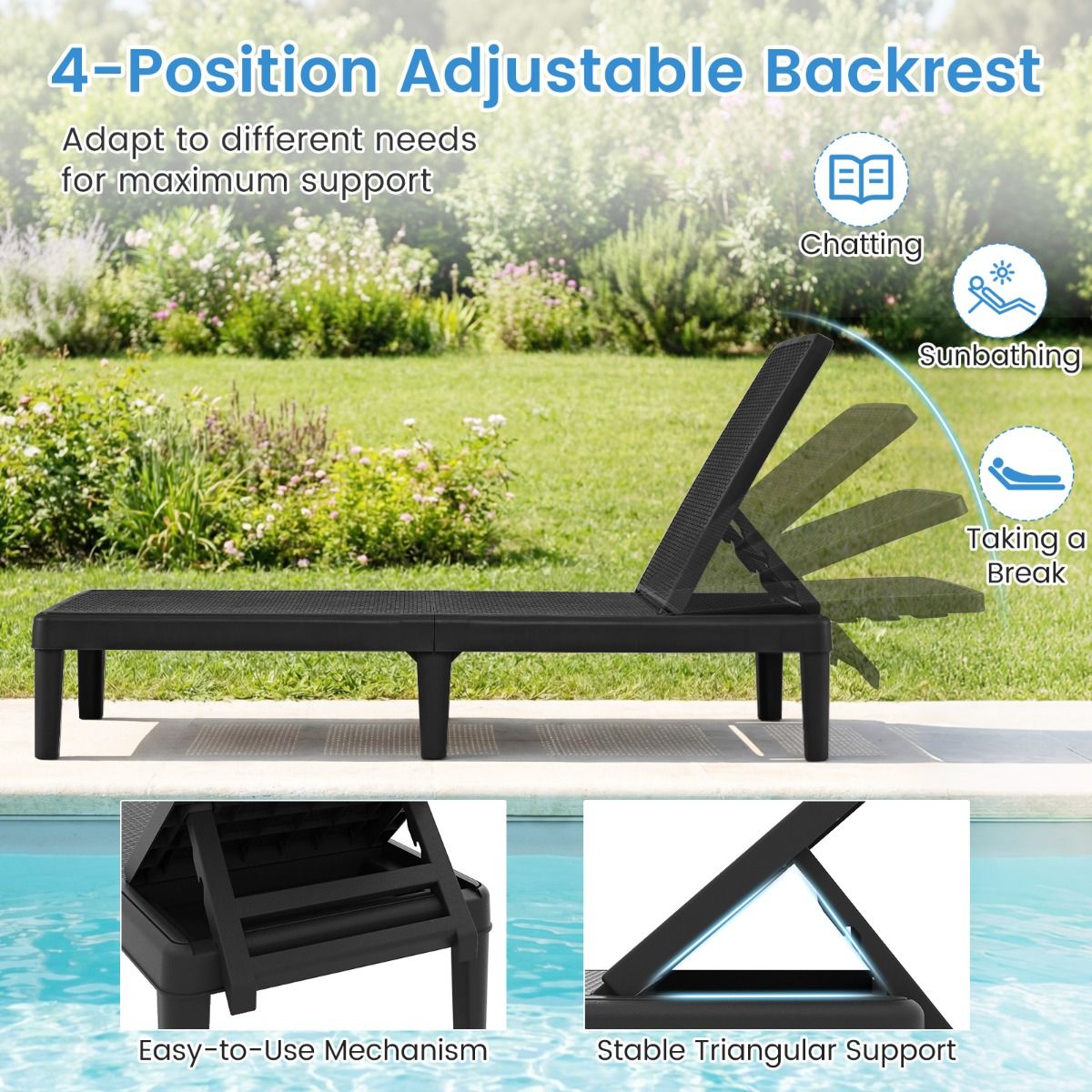 Coast Tuinligstoel - 4 standen verstelbare rugleuning - rotanlook - zwart - 1 stuks
