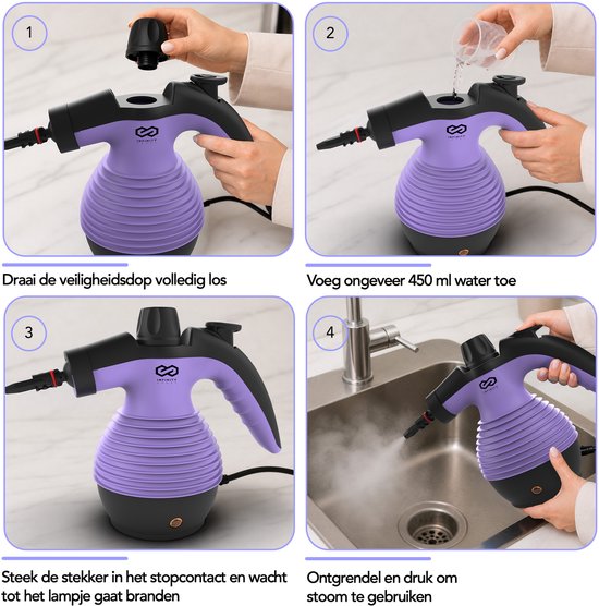 Infinity Goods Stoomreiniger - 12-in-1 Handstoomreiniger - Handstomer - Vlekkenreiniger - Tapijtreiniger - 10 Opzetstukken - 1050 Watt - 3.2 Bar - Paars