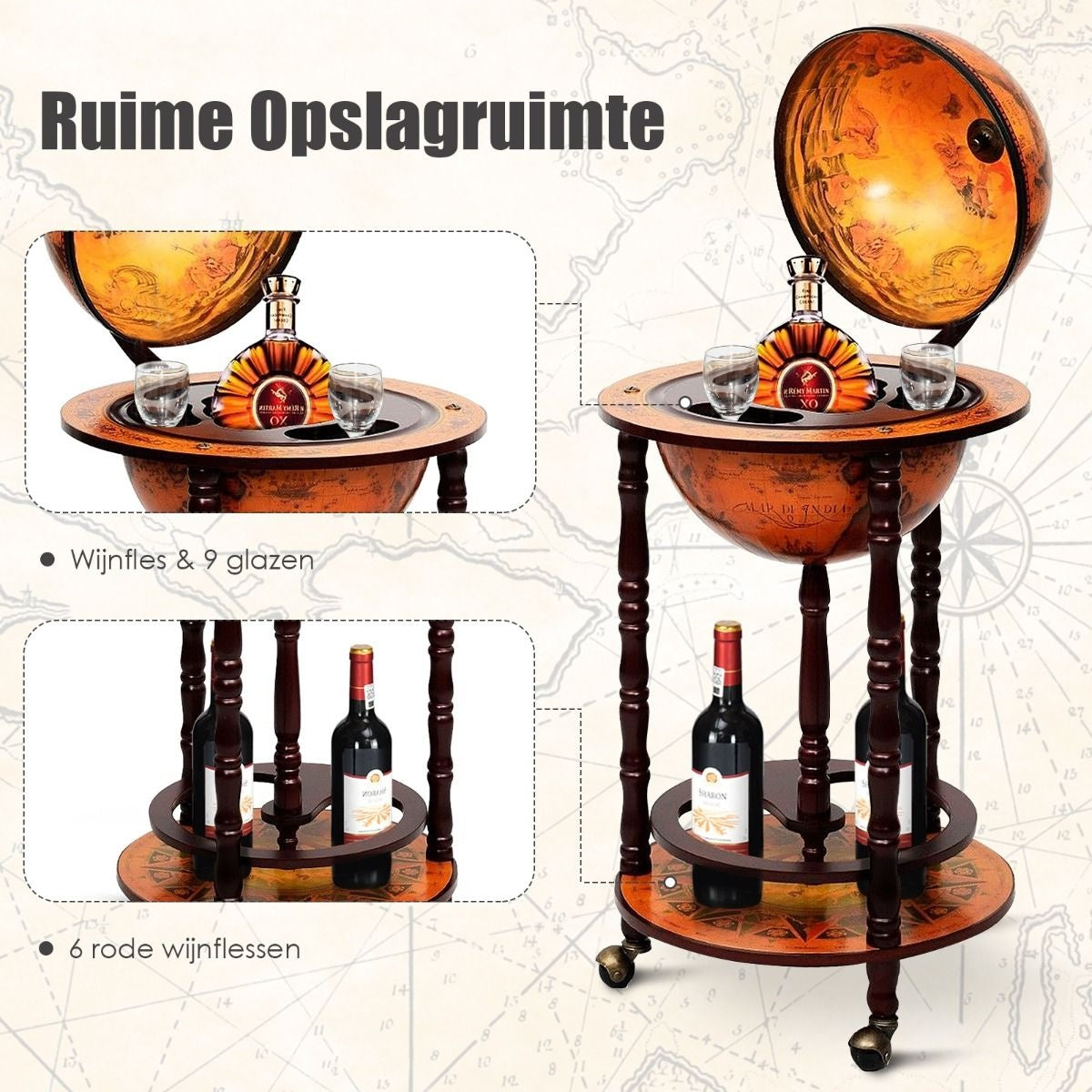 Coast - Wijnrek - Globebar - Wijnbar - Wereldbol bar - ⌀ 45 cm - Bruin