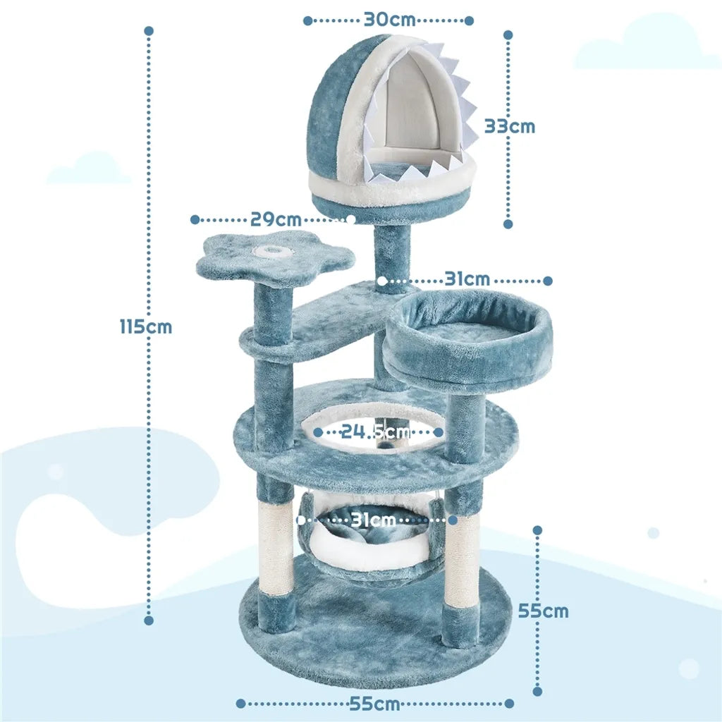 Yaheetech Kattenboom Ocean Style 115 cm – Blauw/Wit – Krabpaal met Kattenhuis, Ligmand, Plateau en Sisalpalen