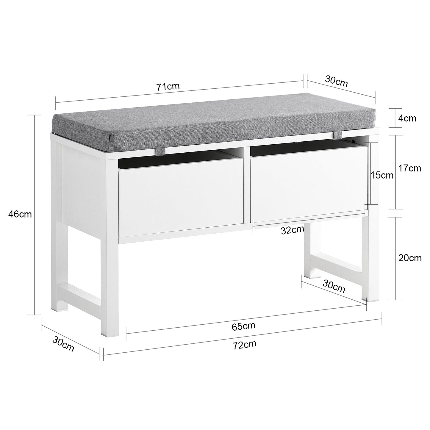 SoBuy Opbergbank met gestoffeerd zitvlak - 2 Lades - Max. 150 kg - 72 x 30 x 46 cm - Wit/ Grijs