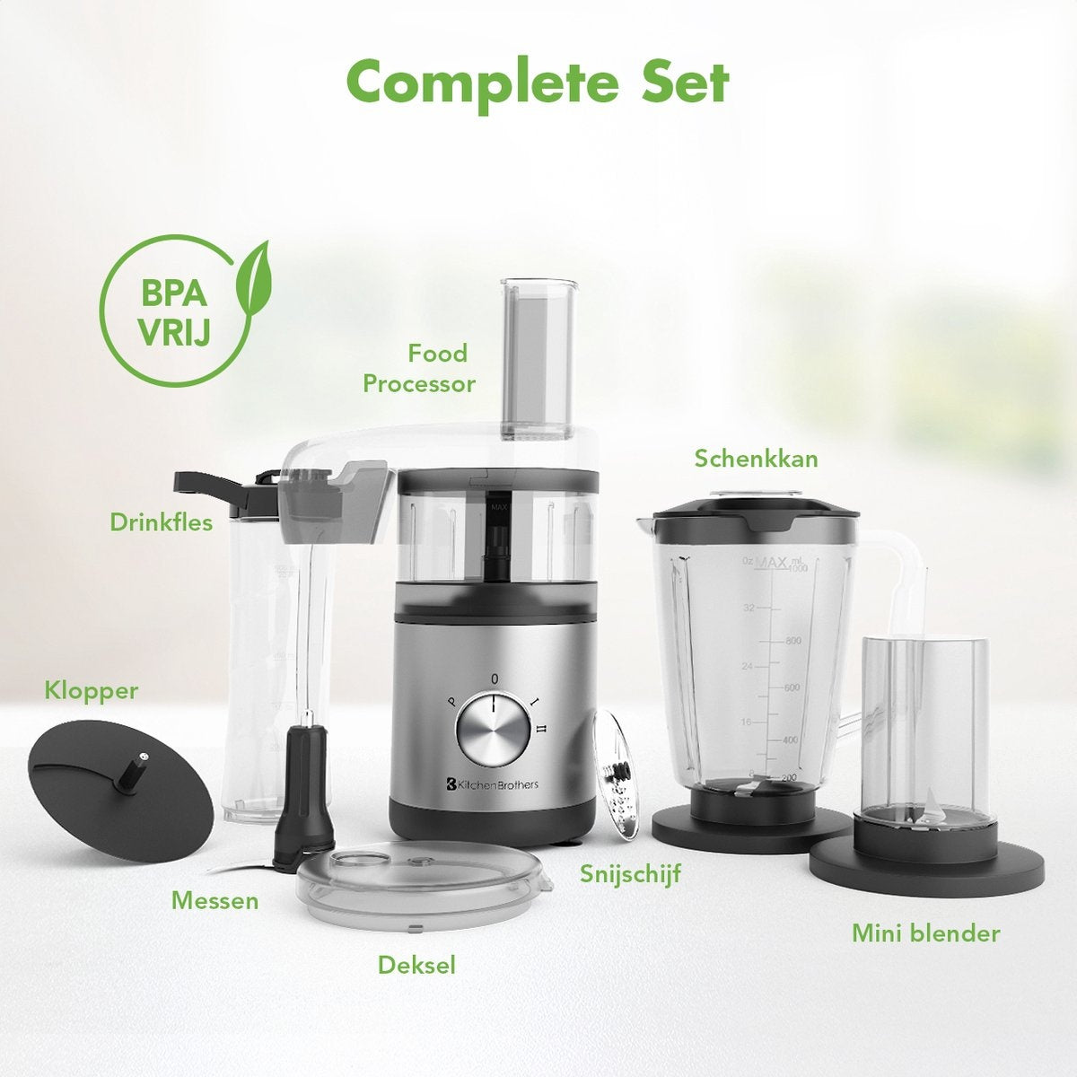 KitchenBrothers Foodprocessor – 4-in-1 Keukenmachine met Blender, Smoothie Blender, Hakmolen en Koffie- & Kruidenmolen – Compact en RVS
