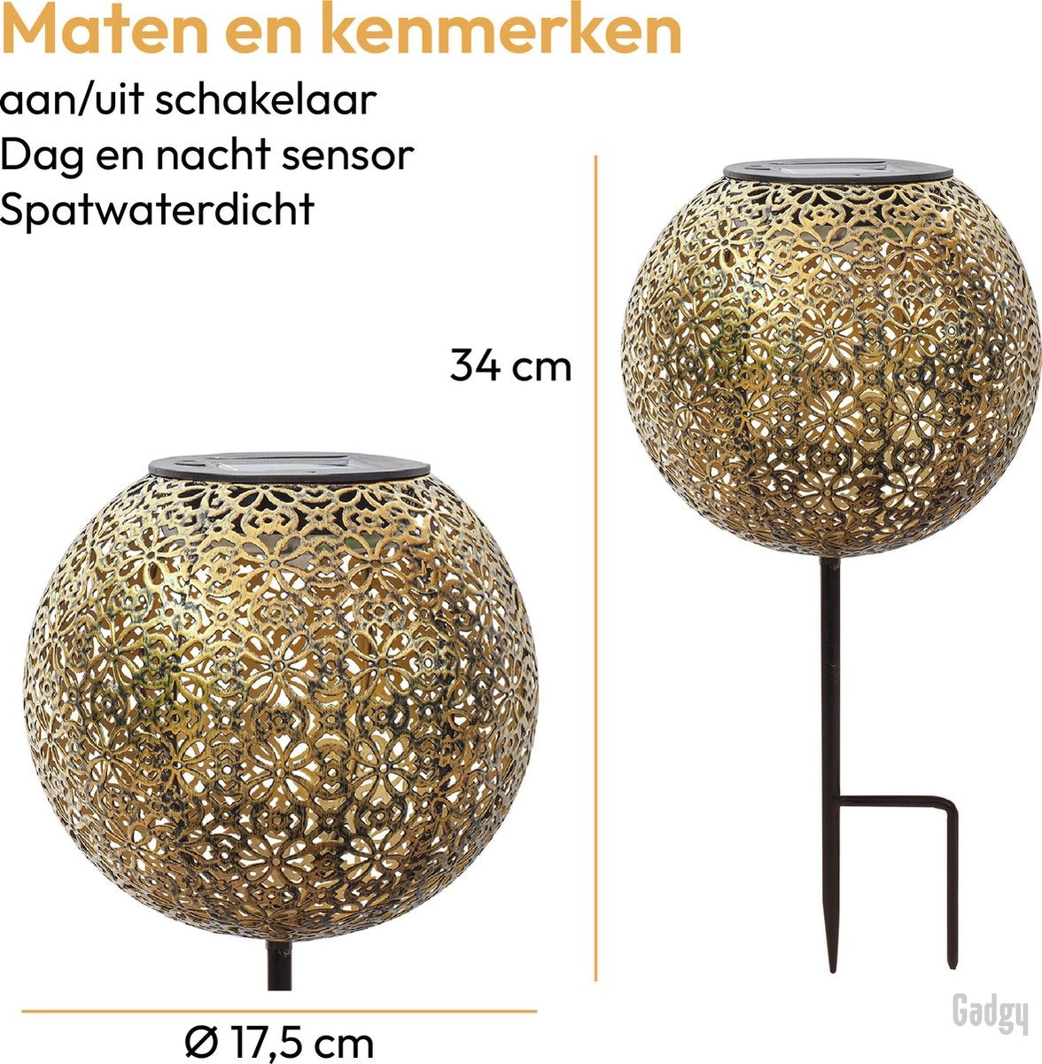 Gadgy Solar Tuinpad met Grondspies - Solar Tuinverlichting set van 2 st. - Tuinfakkel 34CM Hoog - Tuinverlichting op Zonneenergie Buiten - Led Buitenverlichting met Sensor - Tuinsteker - Brons kleurig Metaal