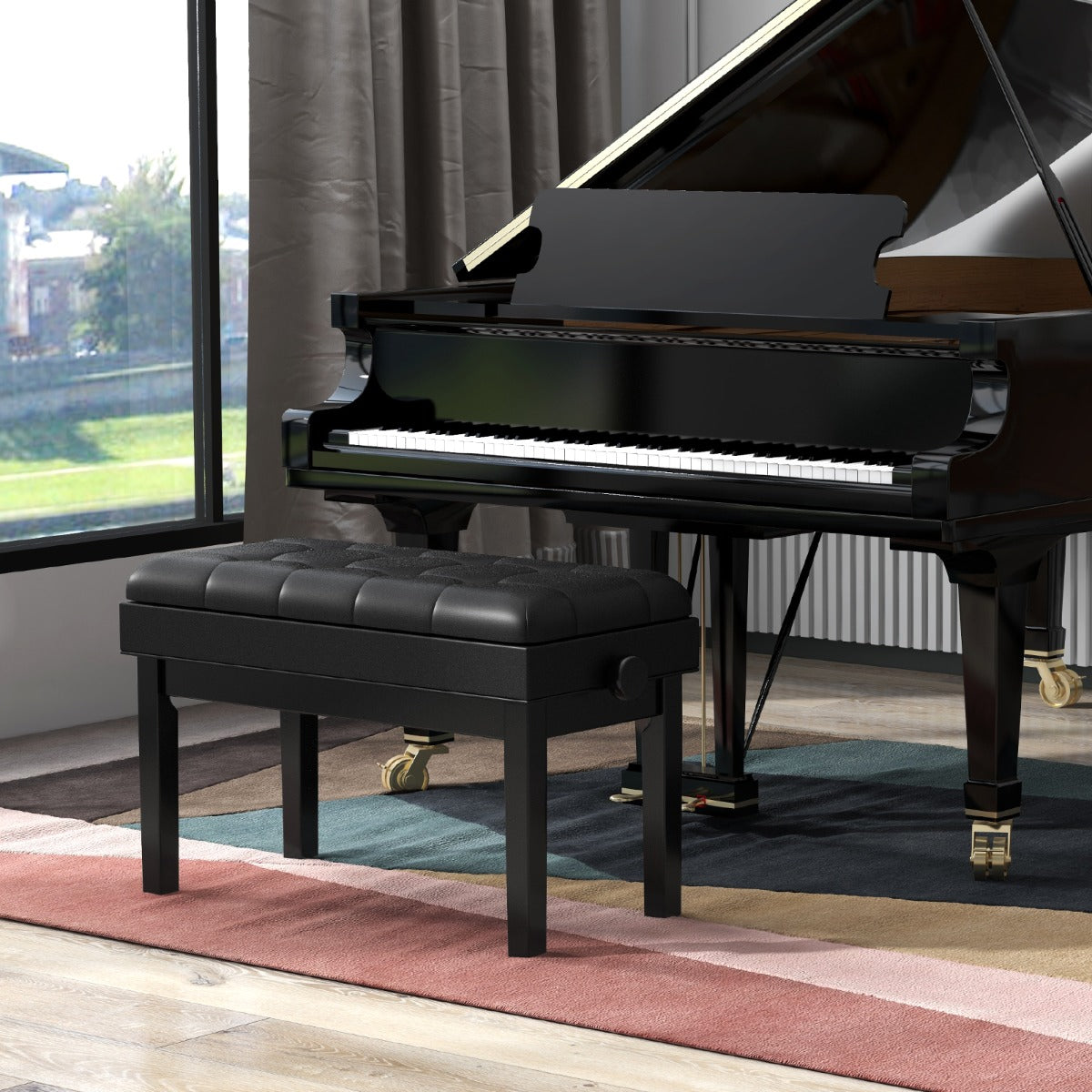 Verstelbare duet-pianobank met Opbergruimte en Waterdicht gewatteerd kussen - 6 x 36 x 48-58 cm - Zwart