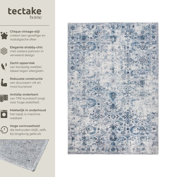 tectake® Vintage design tapijt - laagpolig vloerkleed - Boho vloerkleed - Voor woonkamer, slaapkamer, kinderkamer of tienerkamer - Wasbaar - 160cm x 230cm - blauw
