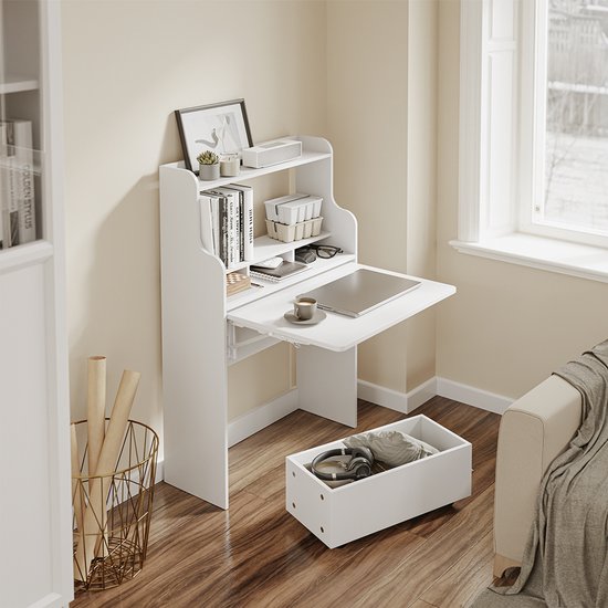 SoBuy Wandklaptafel FWT105-II-W - Multifunctionele Ruimtebesparende Klaptafel met Wielen - Inklapbaar Bureau met Lade en Planken - Wit