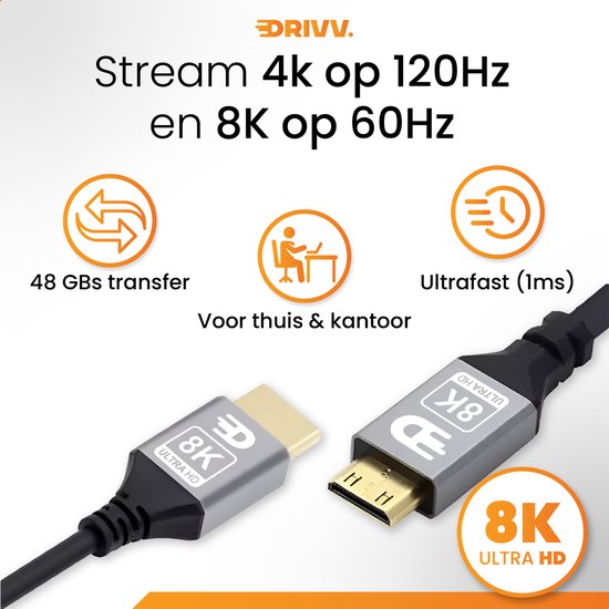 Drivv. Premium Mini HDMI naar HDMI Kabel 2.1 - 8K 60Hz / 4K 120Hz Ultra HD - 2 meter - Grijs - Geschikt voor Camera's, Tablets en Laptops