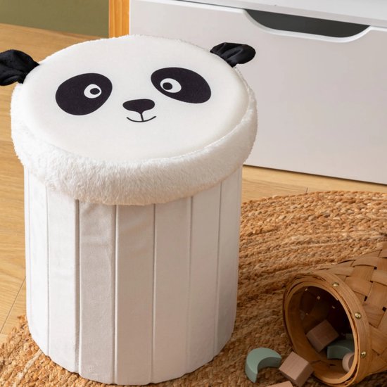 Atmosphera Panda Opvouwbare Poef - Opberger - Ø30xH38cm - Zwart/Wit