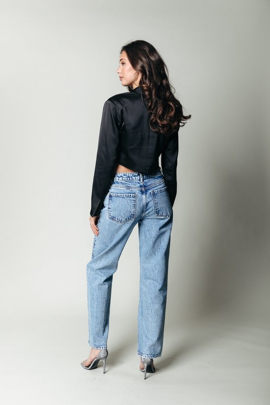 Colourful Rebel Jones - Strass Mid Rise Straight Leg Denim Broek - Blauw - Maat S - Stijlvolle Straight Fit Met Strass Steentjes