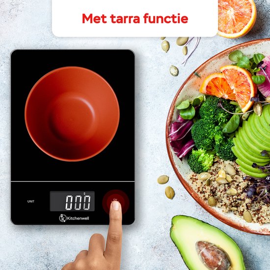 Kitchenwell Digitale Precisie Keukenweegschaal – Weegschaal Keuken - 1gr - 15kg – Tarra Functie - USB Oplaadbaar - Zwart