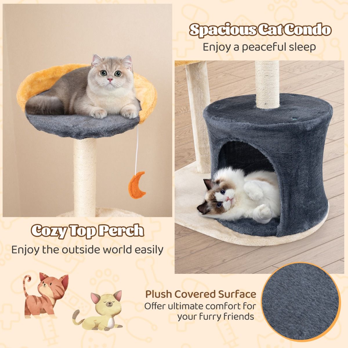 Coast Kattenboom - 128 cm - Meerdere verdiepingen - Sisal krabpalen - Beige en grijs