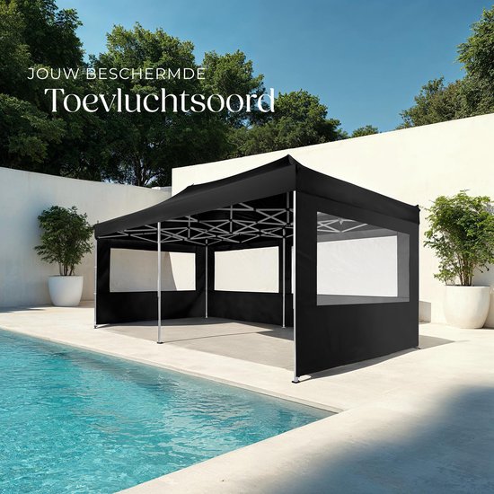 tectake® Vouwpaviljoen - Opvouwbaar en waterdicht - Tuinpaviljoen met 4 zijpanelen - Incl. haringen, scheerlijnen en tas - Terrasoverkapping, partytent - 6x3m - Zwart