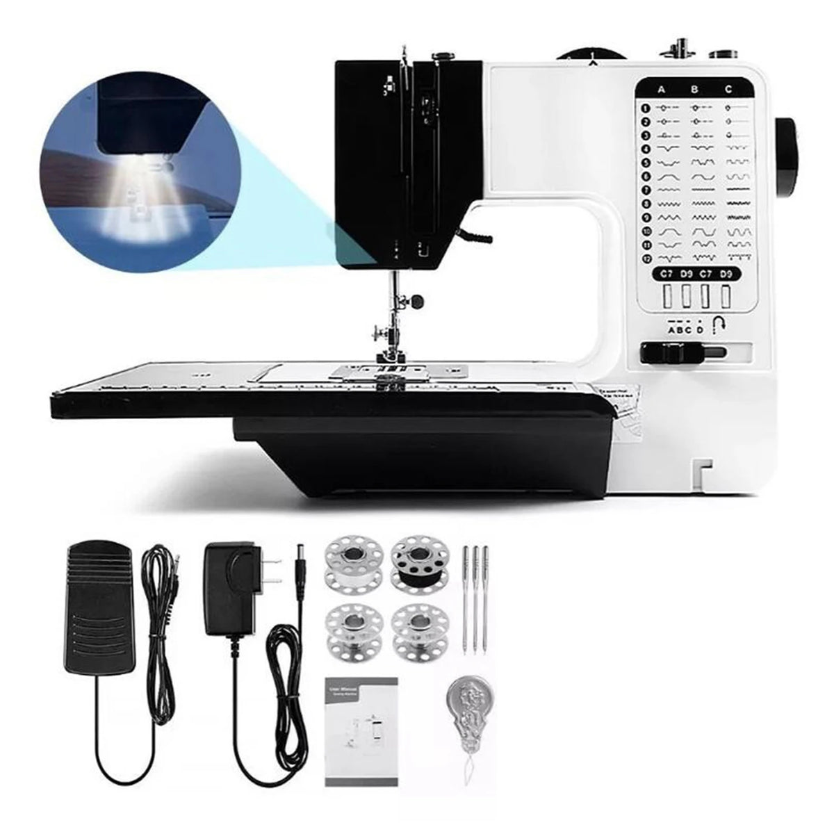 Mini Naaimachine voor Thuisgebruik - 7,2 W - Wit/Zwart - Met Voetpedaal en Verlengtafel