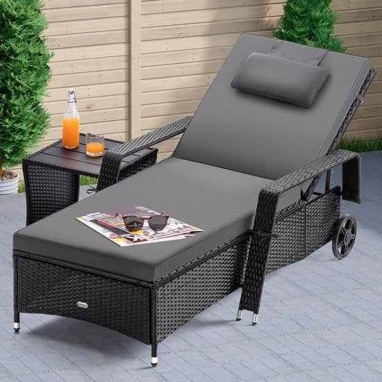 Casaria Polyrattan Ligstoel – Incl. Kussen 160 Kg - Zwart Antraciet