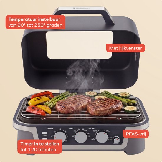 KitchenBrothers Elektrische BBQ en Smoker - Tafelmodel voor Balkon - 90°C tot 250°C - 2600W - Tafel BBQ - Met Kijkvenster