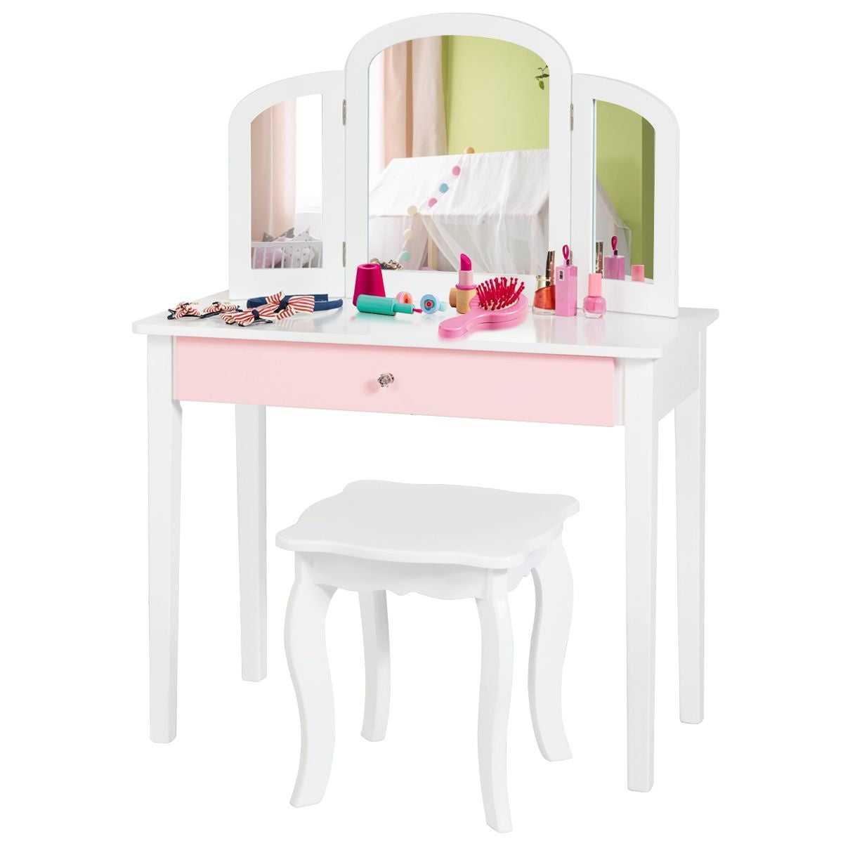 Coast Opmaaktafel - Kaptafel/Make up Tafel Met Spiegel en Krukje - 70 x 34 x 95,5 cm - Wit