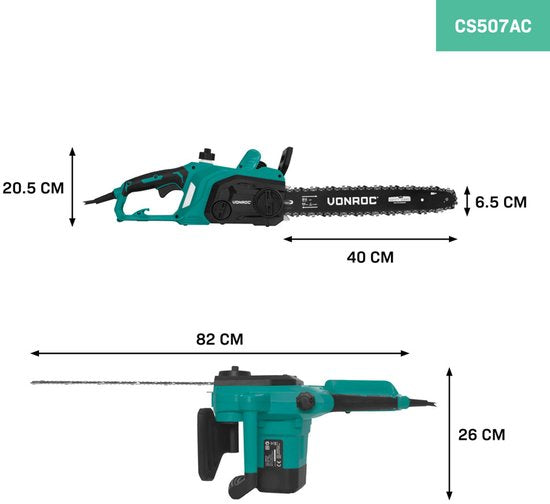 VONROC Elektrische Kettingzaag 2000W – Zwaardlengte: 40 cm – Kettingsnelheid: 15 m/s – Zelfsmerende ketting