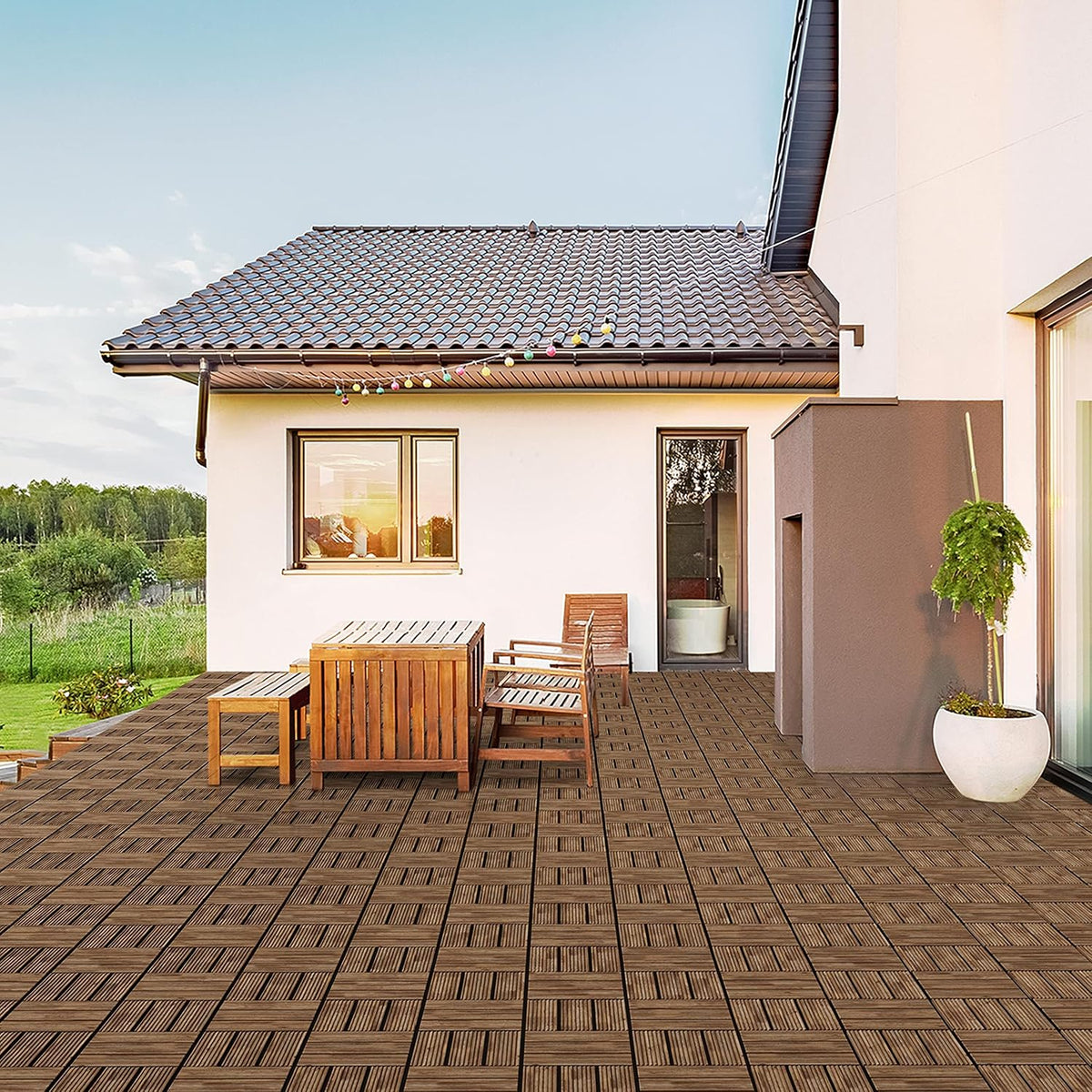 Yaheetech Terrastegels van Tannenhout 30,8 × 30,8 cm – 27 stuks, bruin