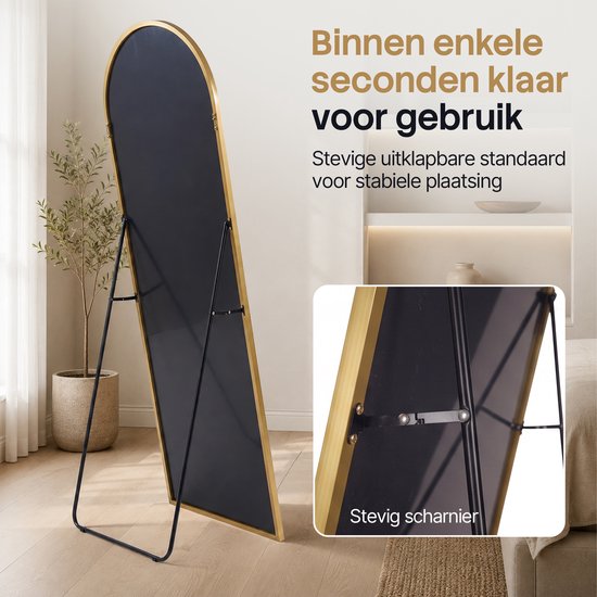 Infinity Goods Passpiegel - 160x60cm - Design Wandspiegel - Staande Spiegel Met Metalen Rand - Hangend - Kleedkamer Spiegel - Afgerond - Modern - Goud