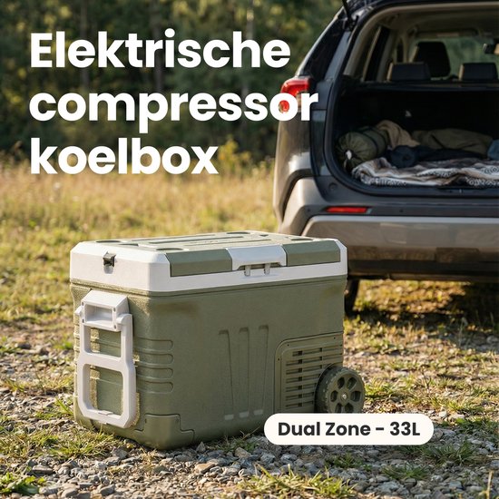 Auronic Elektrische Koelbox - Compressor - 2 Zones - 33L - 12/24V en 240V - Koelen en Vriezen - Camping Koelkast - Frigobox Auto - Met Wielen en Hendel - Groen