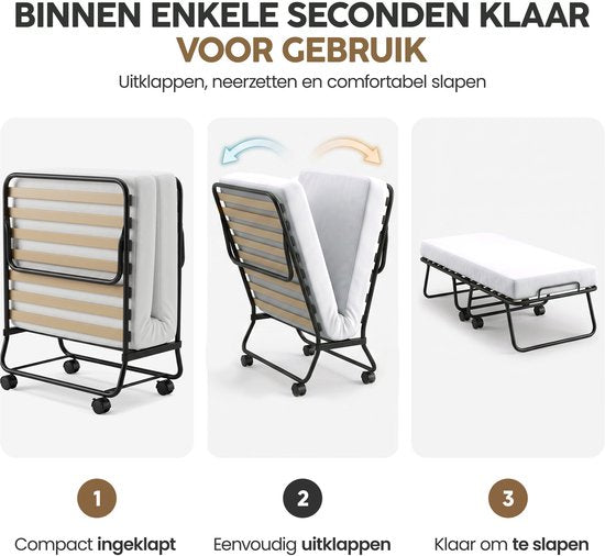 Infinity Goods Opklapbed Comfort 90 x 200 CM - Logeerbed - 1 Persoons - Vouwbed - Matras & Lattenbodem - Incl. Beschermhoes