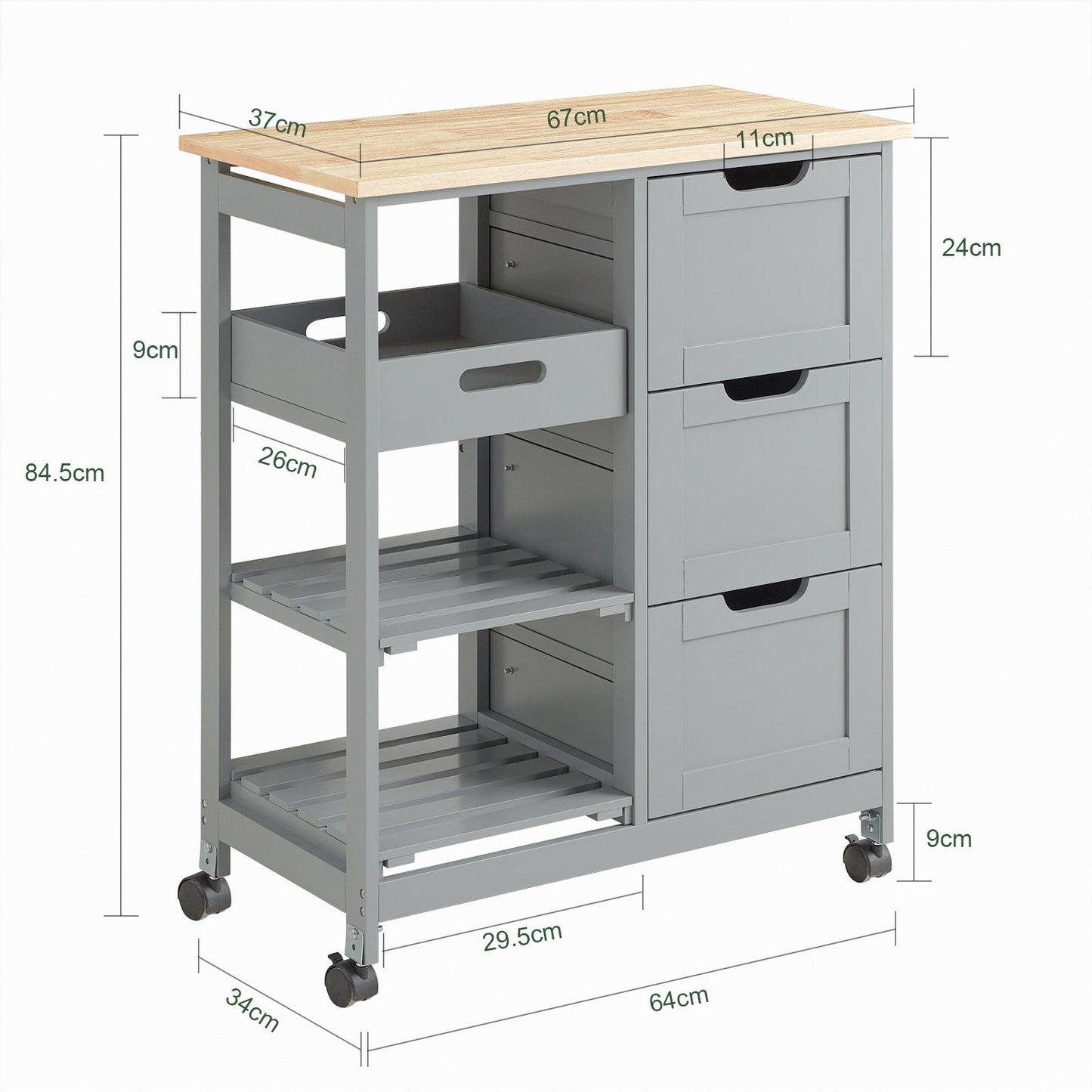 SoBuy - Keukentrolley met 3 Grote Laden - 68x85x38 cm - Grijs