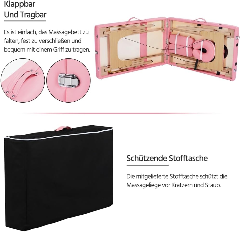 Yaheetech Massagetafel met 3 zones - Inklapbaar - 213 × 80 cm - Lichtroze