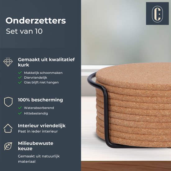 Castagnola Onderzetters - Kurk Onderzetters voor Glazen - Glasonderzetters met Houder - Coasters - Absorberend en Hittebestendig - 10 Stuks