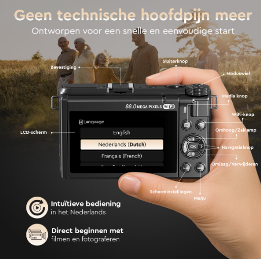 K&L 8K Digitale Camera Zonder 128GB SD-kaart - 88 MP - 18x Zoom - WiFi - 3,0" UHD - Vlogcamera