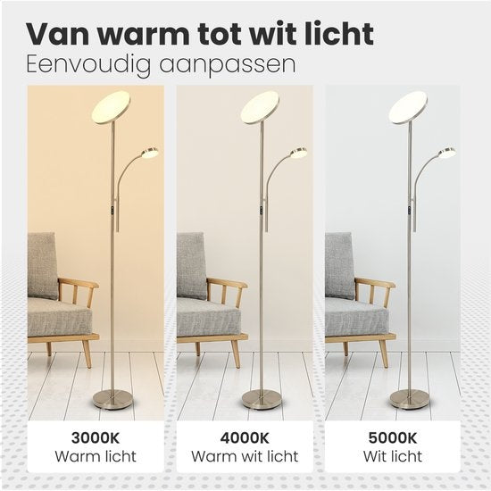 Auronic Vloerlamp - Staande Lamp Industrieel - 181cm - LED - Dimbaar en Kantelbaar - met Afstandsbediening - Geschikt voor Woonkamer - Zilver