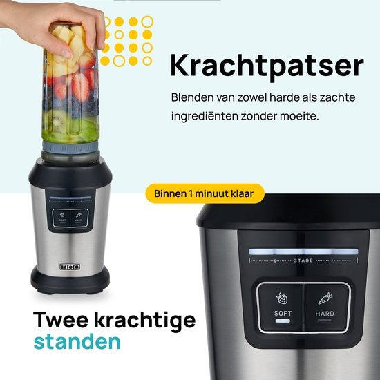 MOA Blender - Blender to Go - Mini Blender - 2 Tritan Bekers van 600ml - Smoothie Maker - 800W - Zilverkleurig - MB10S
