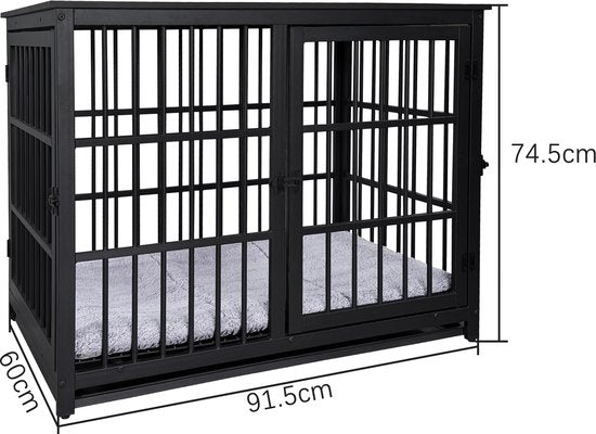 Hondenbench - bench voor kleine en middelgrote honden - hondenhok - voor binnen - inclusief hondenkussen - 91 cm x 60 cm x 74 cm