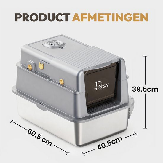 Petsy® - Premium Kattenbak RVS Pro - XXL - Incl. Geurneutralisator - Incl. Kattenbakschep, Grit Opvanger & Uitloopmat - Voor Grote & Kleine Katten - 37L Inhoud Groot -
