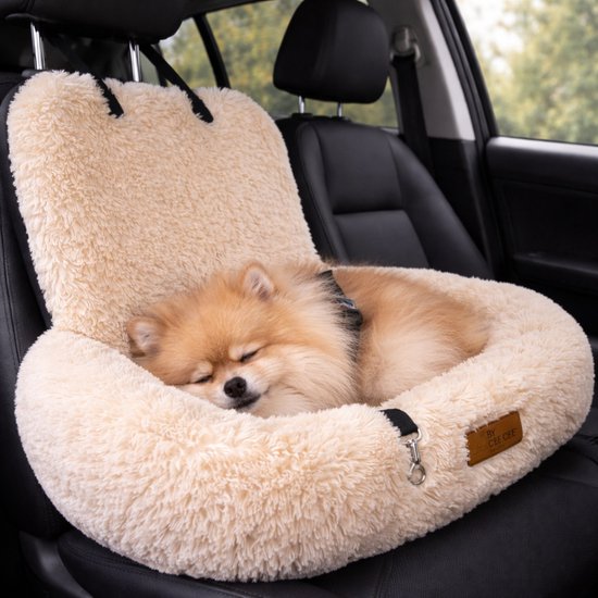 By Cee Cee Autostoel Hond Deluxe - Hondenmand Auto Met Veiligheidsriempje - Automand Hond - Hondenstoel - Autozitje - Beige - Maat S - Puck