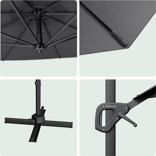 LifeGoods Zweefparasol - 6 Standen - 360° Draaibaar - Rond Ø300 cm - Inclusief Beschermhoes - Antraciet