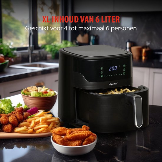 alpina Airfryer XL - Heteluchtfriteuse 6L - Air Fryer 2 tot 5 Personen - Heteluchtoven met Digitaal Touchscreen - Instelbare Temperatuur 80 tot 200 Graden - Timer Functie - 8 Kookprogramma's
