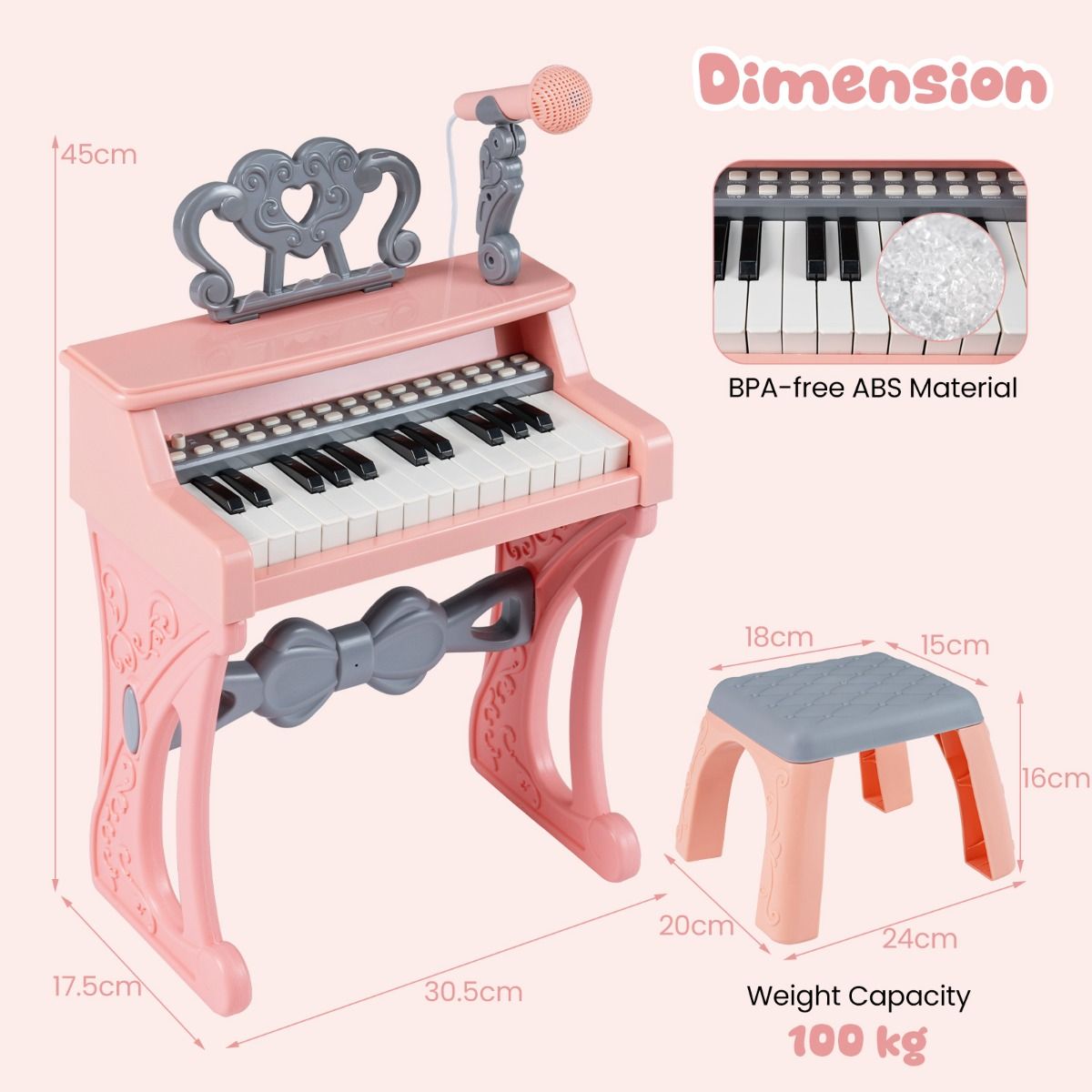 Coast Kinderkeyboardpiano - 25 toetsen - met krukje, muziekstandaard en microfoon - roze en grijs