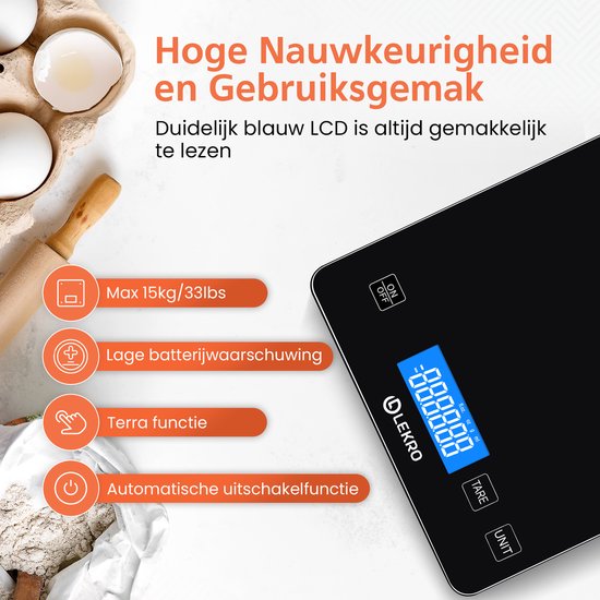 Digitale Precisie Keukenweegschaal – Weegschaal Keuken - 1gr-15kg – Tarra Functie - Zwart